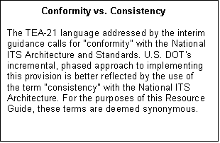 Text Box: Conformity vs. Consistency

The TEA-21 language addressed by the interim guidance calls for "conformity" with the National 
ITS Architecture and Standards. U.S. DOT's incremental, phased approach to implementing 
this provision is better reflected by the use of 
the term "consistency" with the National ITS Architecture. For the purposes of this Resource Guide, these terms are deemed synonymous.

